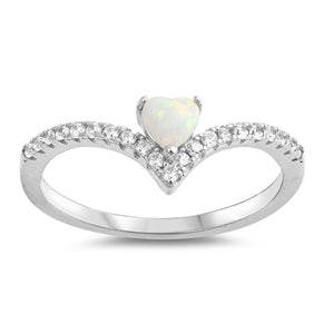 White Lab Opal Heart V-Shape Purity Ring .925 Sterling Silver Band Sizes 4-10