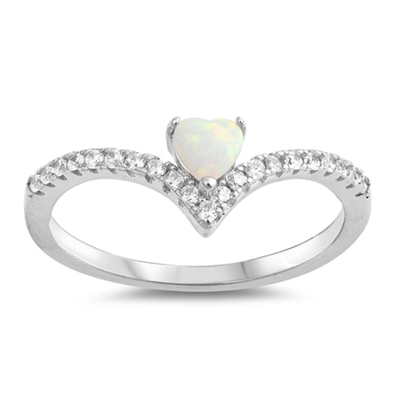 White Lab Opal Heart V-Shape Purity Ring .925 Sterling Silver Band Sizes 4-10