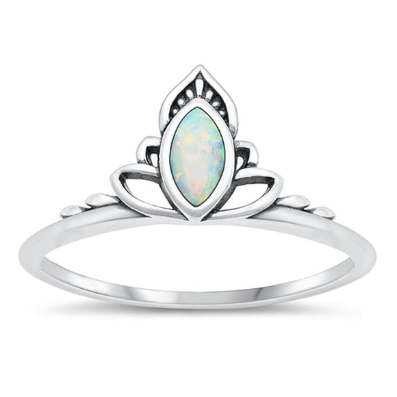 Sterling Silver White Lab Opal Lotus Crown Ring
