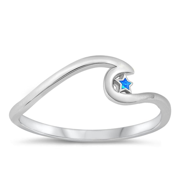 Sterling Silver Blue Lab Opal Wave & Star Ring
