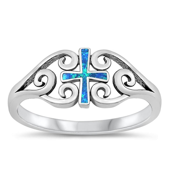 Sterling Silver Blue Lab Opal Cross Ring