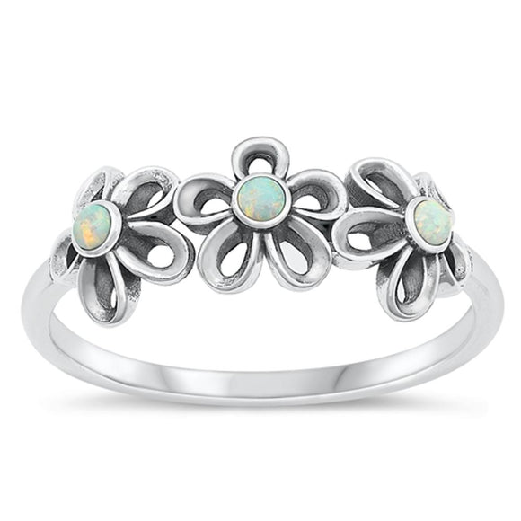 Sterling Silver White Lab Opal Flower Ring