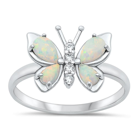 Sterling Silver White Lab Opal Butterfly Ring