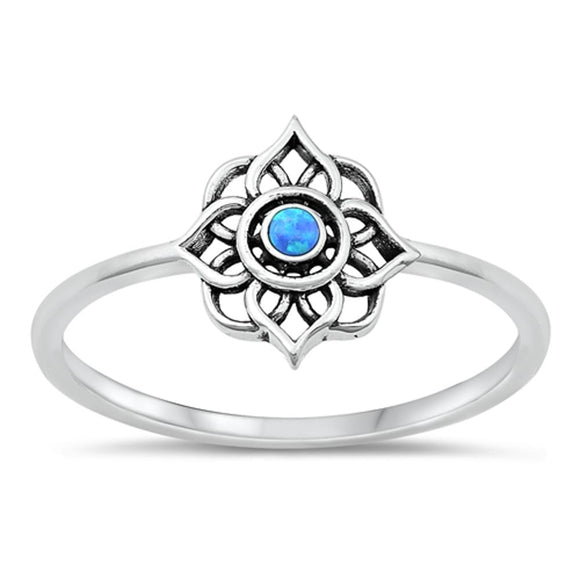 Sterling Silver Blue Lab Opal Mandala Lotus Ring