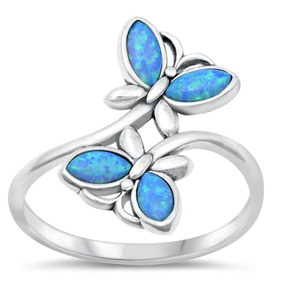 Sterling Silver Blue Lab Opal Butterfly Ring