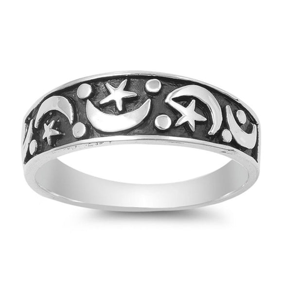 Sterling Silver Woman's Moon Star Unique Ring Beautiful 925 Band 7mm Sizes 5-13