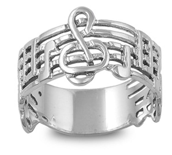 Sterling Silver Woman's Treble Clef Note Ring Wholesale 925 Band 12mm Sizes 1-13
