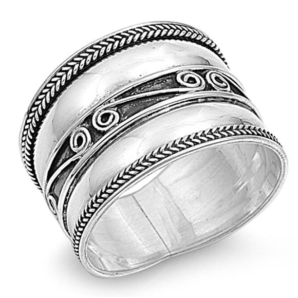 Sterling Silver Women's Bali Rope Ring Wide 925 Band Swirl Oxidized Sizes 6-12
