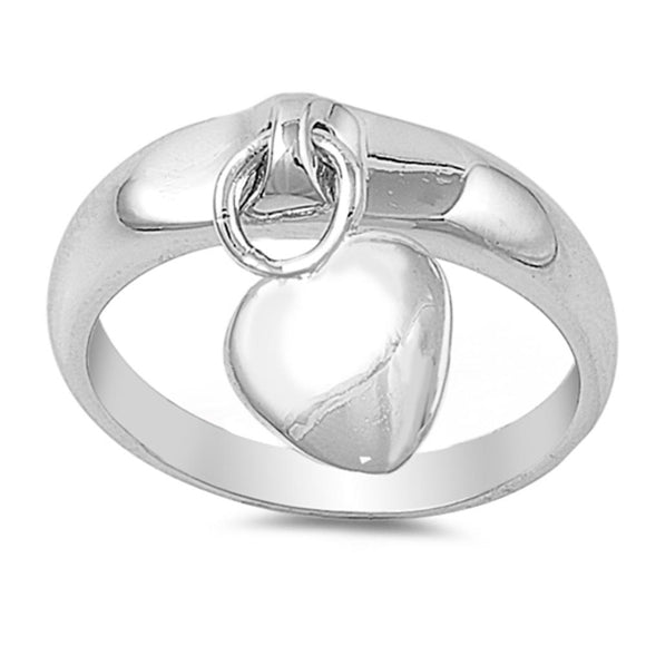 Sterling Silver Woman's Dangling Heart Charm Ring Cute 925 Band 5mm Sizes 4-10