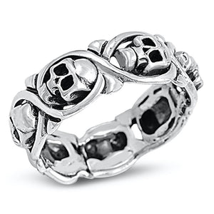 Sterling Silver Woman's Mens Biker Infinity Skull Ring Cute Band 8mm Sizes 5-14