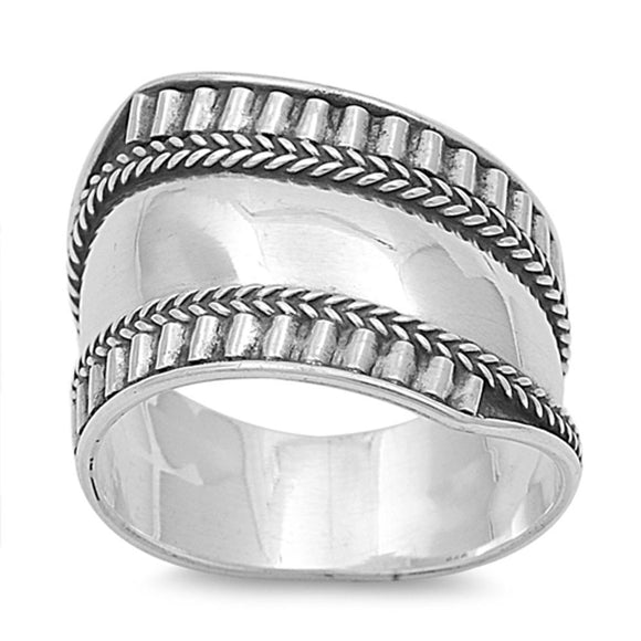 Sterling Silver Women's Bali Ring Wide 925 Band Rope Groove Design Sizes 6-12