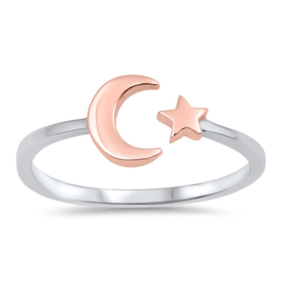 Rose Gold-Tone Open Sterling Silver Ring Moon Star Sizes 4-10