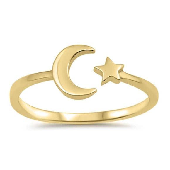 Gold-Tone Crescent Moon Star Open Modern Sterling Silver Ring Sizes 3-12
