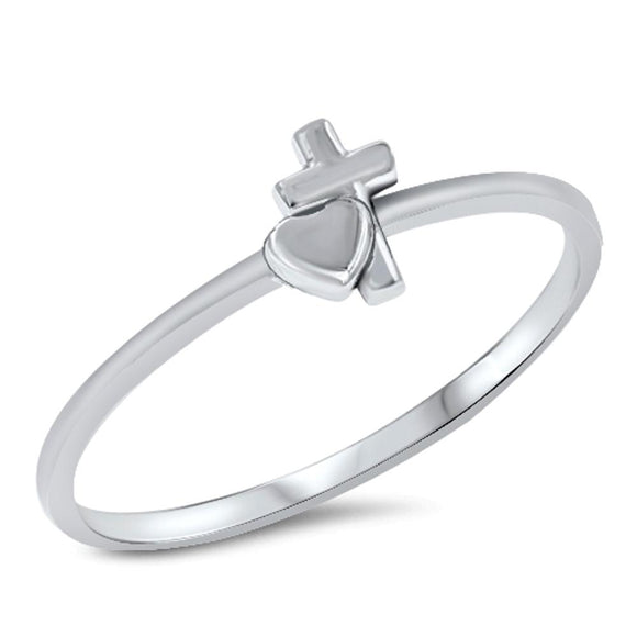 Heart Cross High Polish Simple Dainty Ring .925 Sterling Silver Band Sizes 5-9