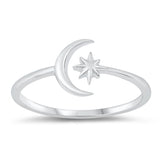 Dainty North Star Crescent Moon .925 Sterling Silver Band Sizes 3-13