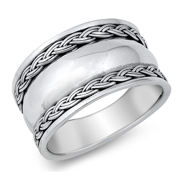 Bali Boho Celtic Rope Wide Ring New .925 Solid Sterling Silver Band Sizes 6-12