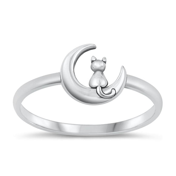 Sterling Silver Cat & Moon Ring