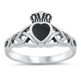Black Onyx Claddagh Heart Celtic Knot Ring .925 Sterling Silver Band Sizes 5-9