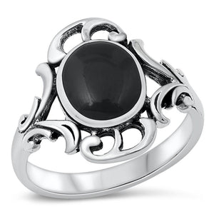 Black Onyx Oval Solitaire Polished Swirl Ring Sterling Silver Band Sizes 5-9