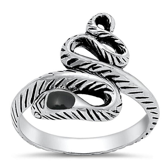 Snake Serpent Black Onyx Head Cute Ring New .925 Sterling Silver Band Sizes 5-9