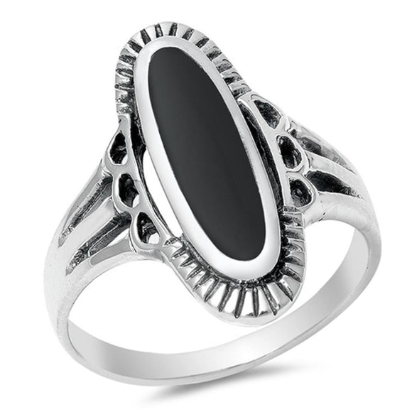 Women's Long Black Onyx Unique Ring New .925 Sterling Silver Band Sizes 4-12