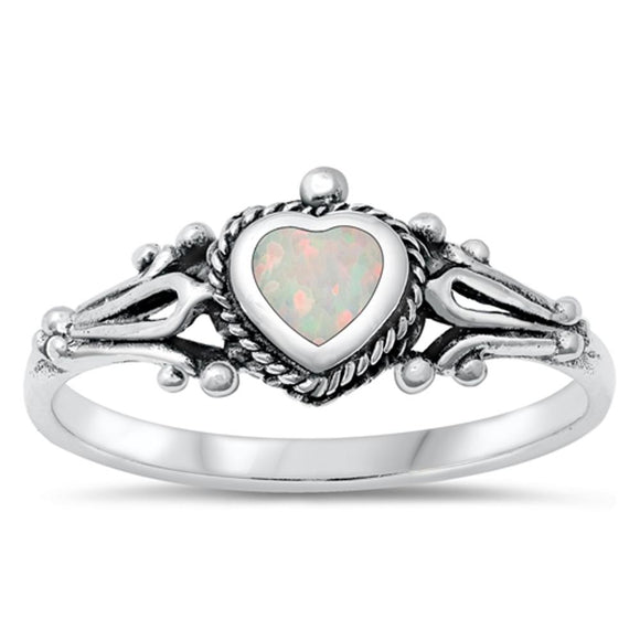 Bali Heart White Lab Opal Beautiful Ring .925 Sterling Silver Band Sizes 4-10