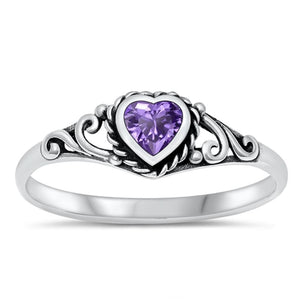 Sterling Silver Amethyst CZ Heart Ring