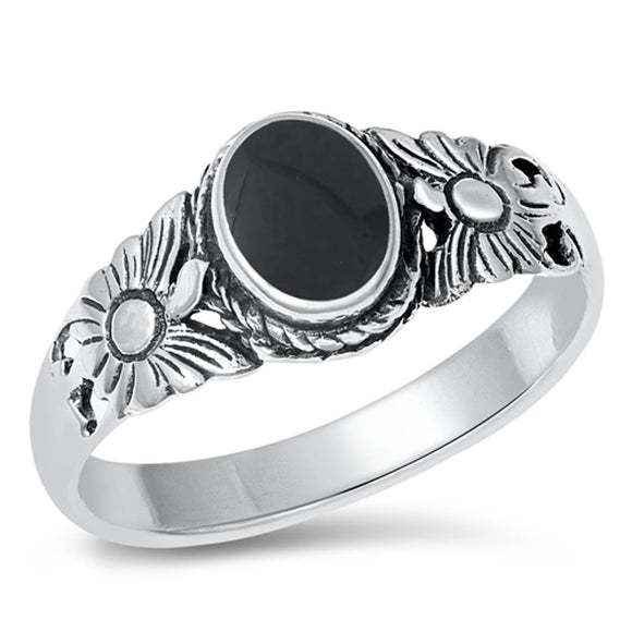 Flower Black Onyx Classic Bali Ring New .925 Sterling Silver Band Sizes 4-10