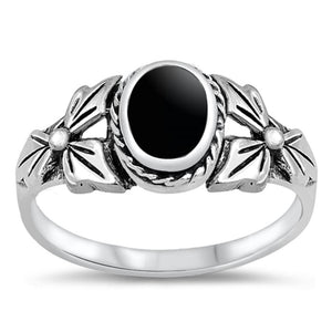 Black Onyx Flower Leaf Cutout Ring New .925 Sterling Silver Band Sizes 5-10