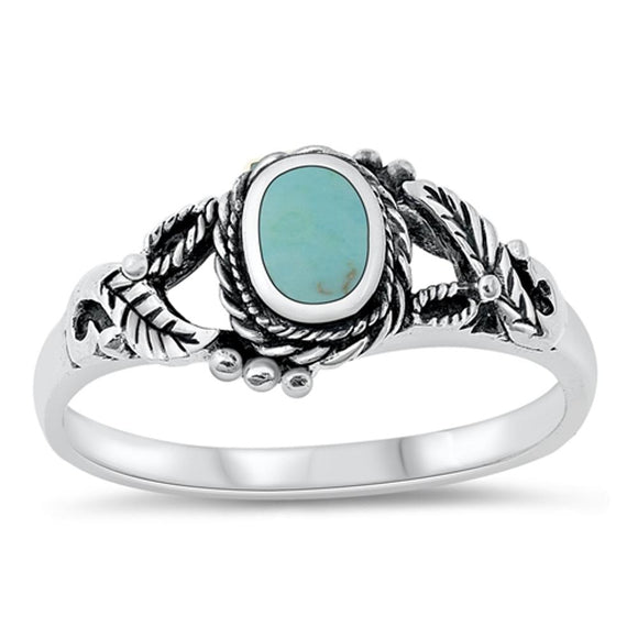 Turquoise Solitaire Bali Rope Leaf Ring New .925 Sterling Silver Band Sizes 5-10