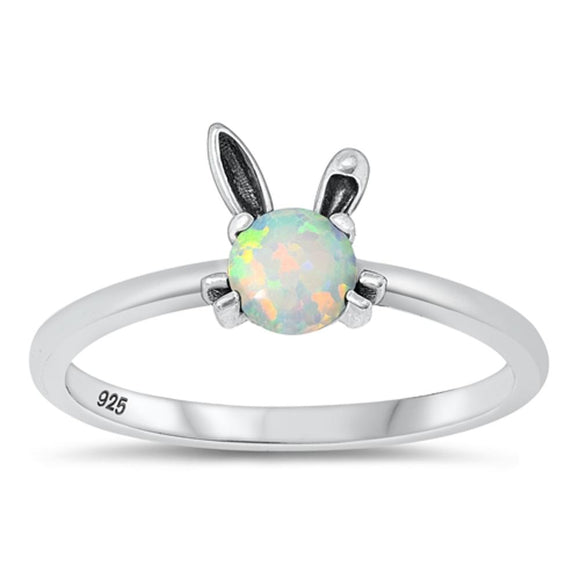 Sterling Silver White Lab Opal Bunny Rabbit Ring