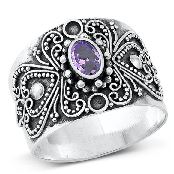 Sterling Silver Amethyst CZ Bali Style Ring