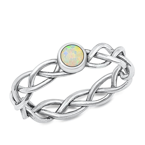 Sterling Silver White Lab Opal Braided Ring