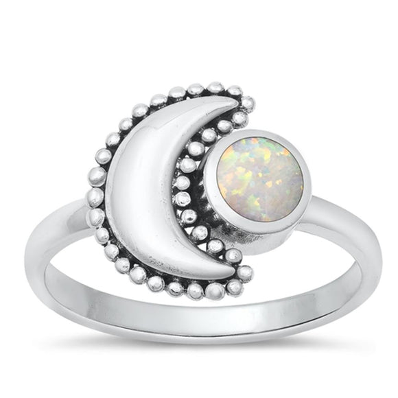 Sterling Silver White Lab Opal Moon Ring