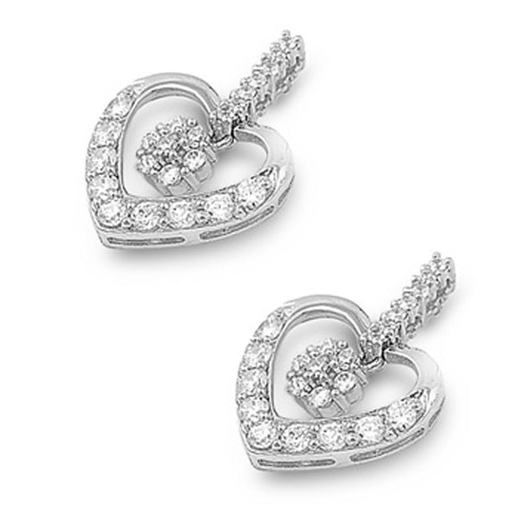 Heart Hanging Earrings Clear Simulated CZ .925 Sterling Silver