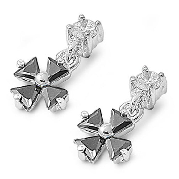 Cross Hanging Earrings Black Simulated CZ .925 Sterling Silver