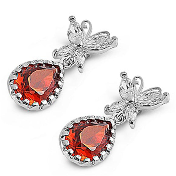 Teardrop Hanging Earrings Simulated Garnet Clear Simulated CZ .925 Sterling Silver