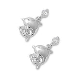 Dolphin Hanging Earrings Clear Simulated CZ .925 Sterling Silver