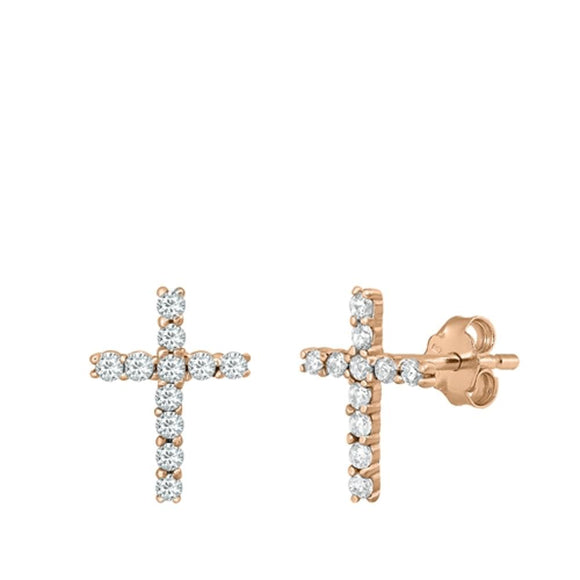 Sterling Silver Cute Clear CZ Rose Gold-Tone Cross Christian Earrings 925 New