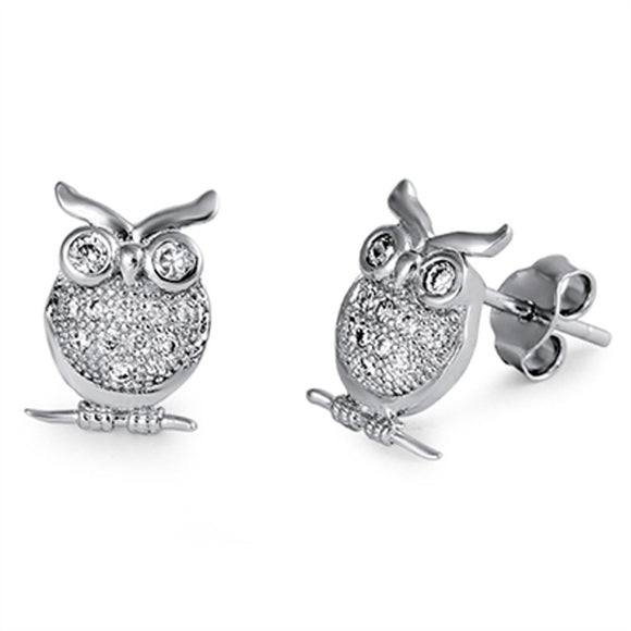 Owl Earrings Clear Simulated CZ .925 Sterling Silver