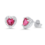 Sterling Silver Studded Heart Halo Love Valentine Earrings Ruby CZ Clear CZ 925