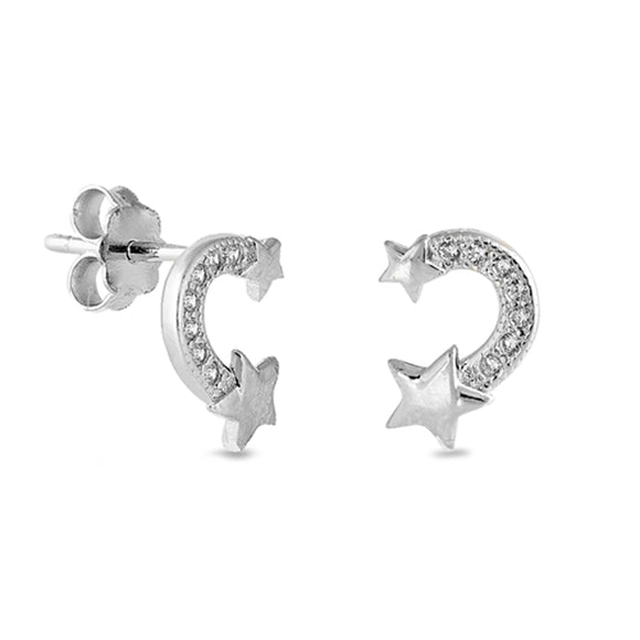 Sterling Silver Cute Studded Rainbow Arc Star Space Retro Earrings Clear CZ 925