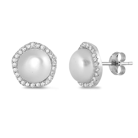 Sterling Silver Round Eternity Halo Simple Earrings Freshwater Pearl Clear CZ