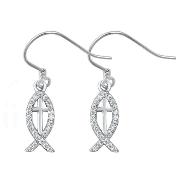 Sterling Silver Classic Ichthus Cross Fish Christianity Faith Earrings Clear CZ