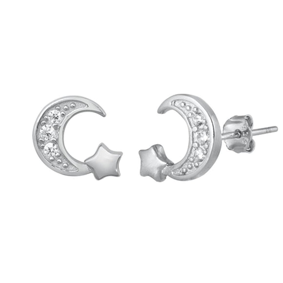 Sterling Silver High Polished  Moon & Star Crescent Moon Star Earrings 925 New