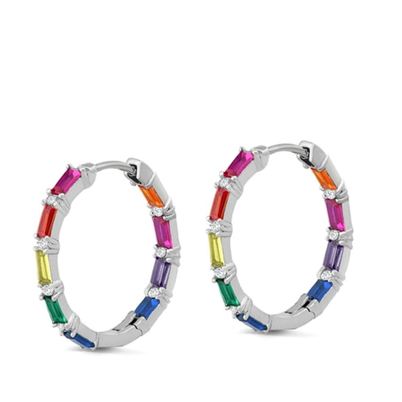 Sterling Silver Classic Multicolor CZ Rainbow Pride Hoop Earrings 925 New