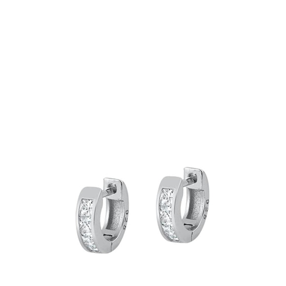 Sterling Silver Classic Clear CZ Studded Huggie High Polished Hoop Earrings 925