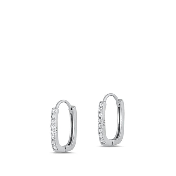 Sterling Silver Fashion Earrings Clear Oblong Studded High Polished Hoop CZ 925