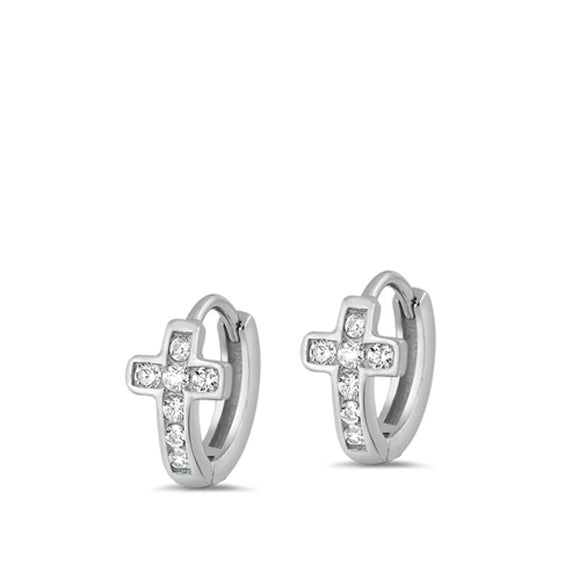 Sterling Silver Fashion Clear CZ Cross Huggie Hoop Christian Earrings 925 New