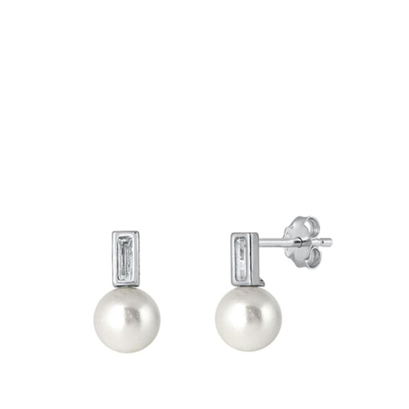Sterling Silver Beautiful Clear CZ Freshwater Pearl High Polished Earrings 925